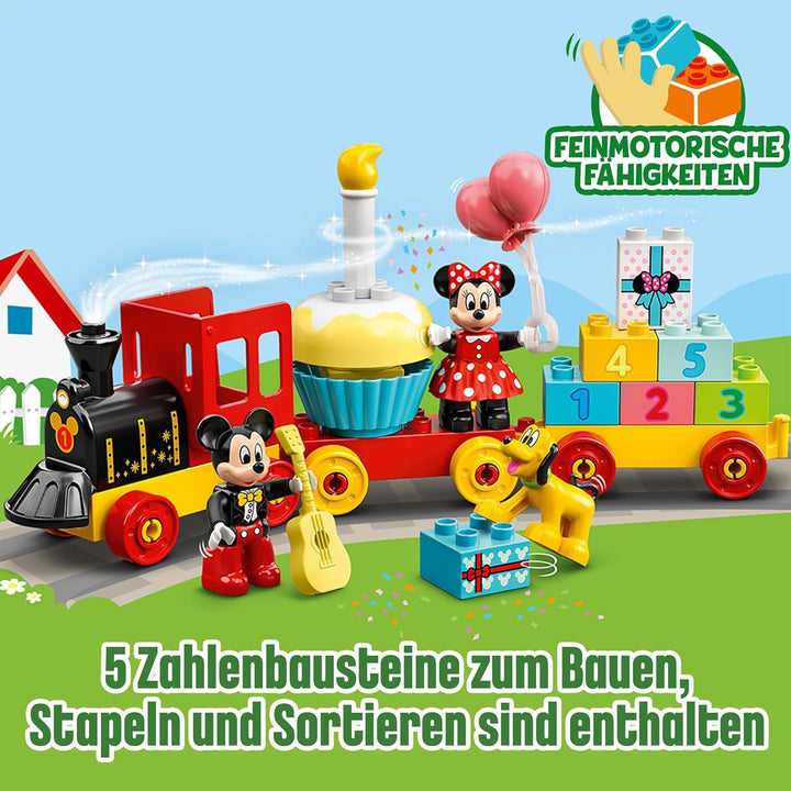 LEGO DUPLO | Disney Mickys und Minnies Geburtstagszug, Zug-Spielzeug mit Kuchen und Ballons, inkl. M