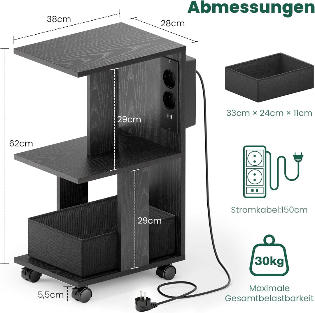 Pamapic Beistelltisch, Nachttisch mit Steckdose, Beistelltisch Schmal, 3 Ablagen C-Form Sofatisch,Co