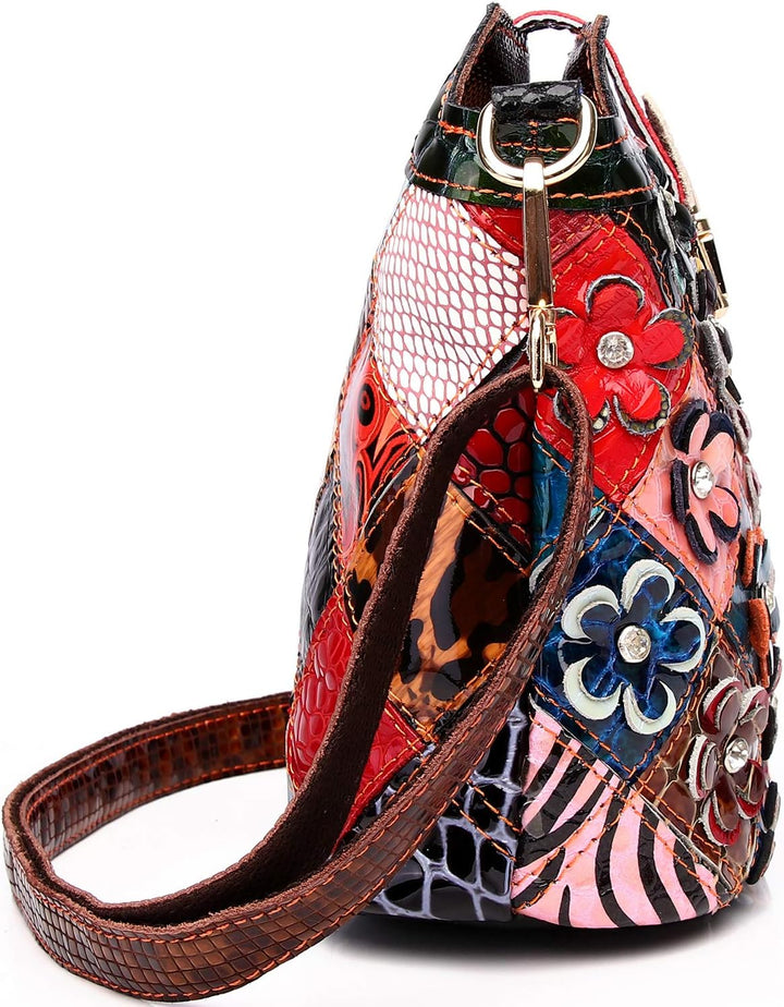 Segater® Mehrfarbig Floral Rind Leder-Umhängetasche für Damen, Vintage Rindsleder Handtasche Blumenm