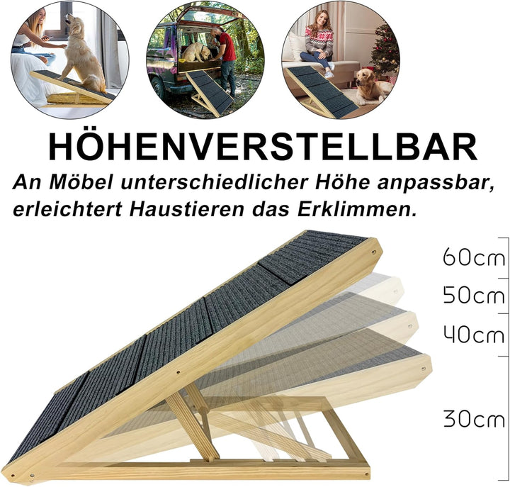 100x40 cm Klappbar Hunderampe Grosse Hundetreppe Haustiertreppe Holz Höhenverstellbar mit Rutschfest