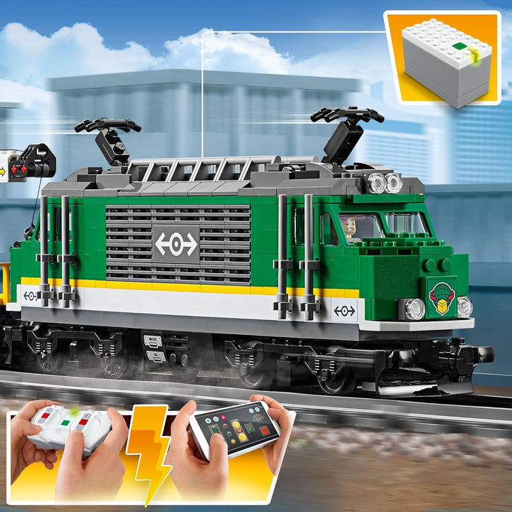 LEGO 60198 City Güterzug, Set mit batteriebetriebenem Motor, Bluetooth-Fernbedienung, 3 Wagen, Gleis