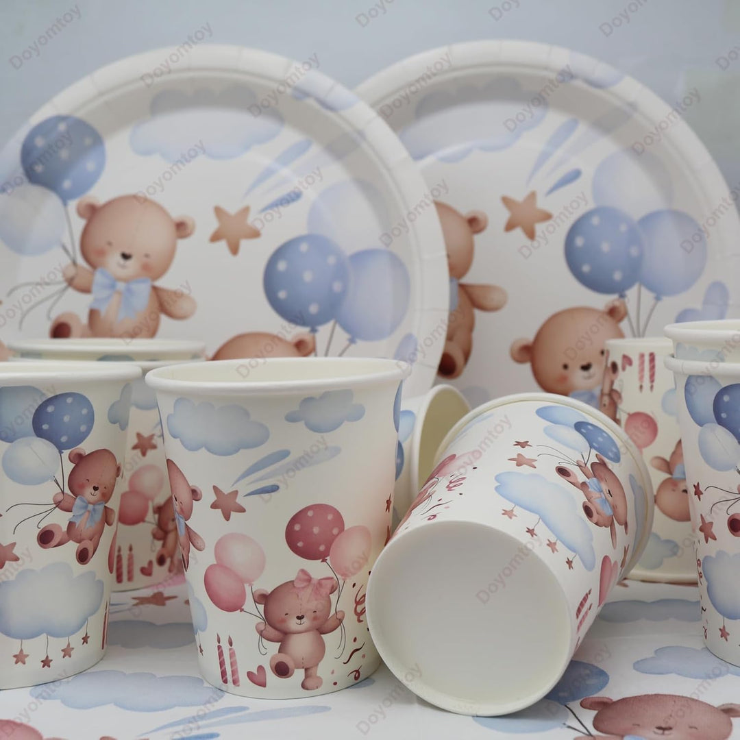 Doyomtoy Plüschbär Partygeschirr,60 Stück Plüschbär Babyparty Deko,Bären-Pappteller Becher,Serviette