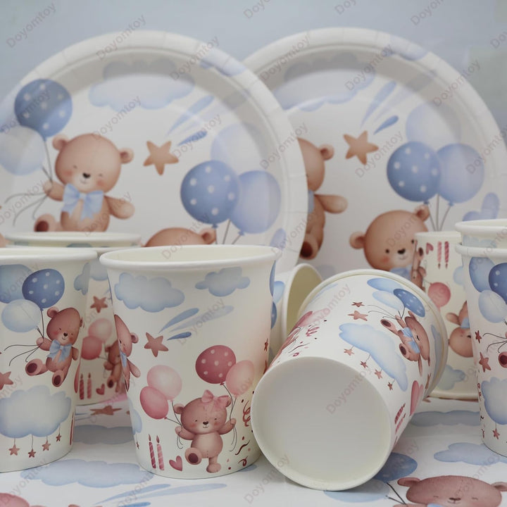 Doyomtoy Plüschbär Partygeschirr,60 Stück Plüschbär Babyparty Deko,Bären-Pappteller Becher,Serviette