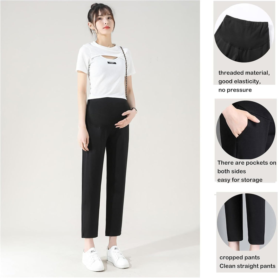 Olamao Umstandshose, gerade Hose, Neun-Punkt-Hose, verstellbare Taille, modisch und bequem Schwarz L