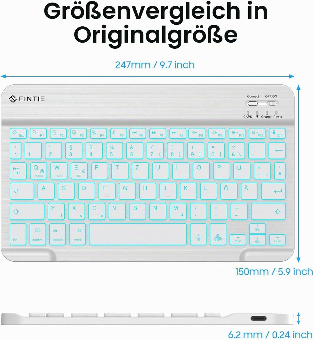 Fintie Bluetooth Tastatur mit Hintergrundbeleuchtung in 7 Farben, iPad Tastatur mit deutschem Layout