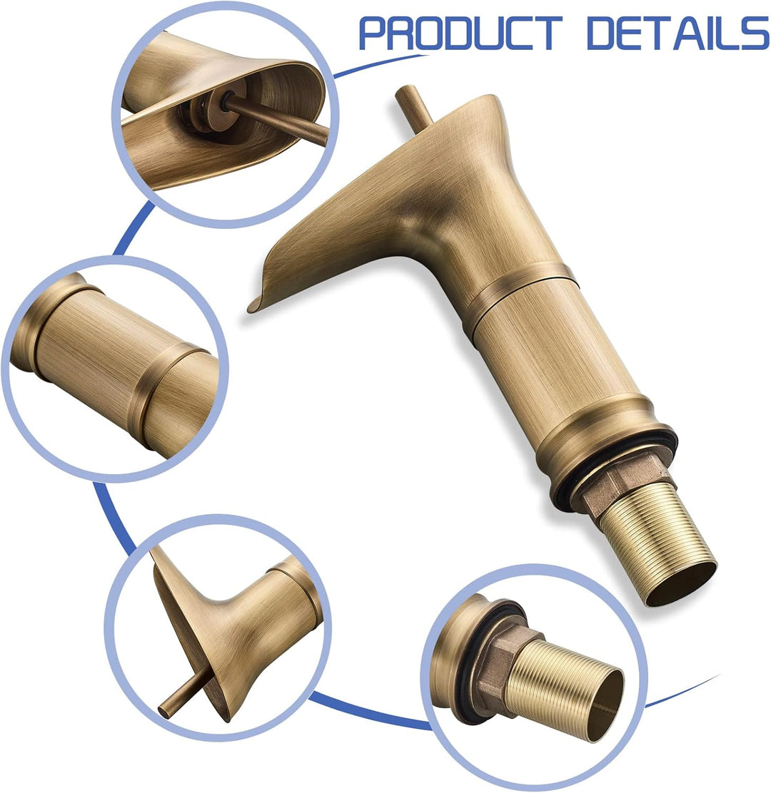 ROWINNAO Wasserfall Wasserhahn Bad Antik Messing, Kurz Waschtischarmatur Bad Retro Gold, Einhebel Ba