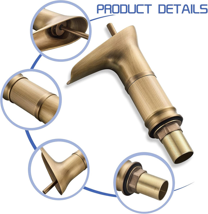 ROWINNAO Wasserfall Wasserhahn Bad Antik Messing, Kurz Waschtischarmatur Bad Retro Gold, Einhebel Ba