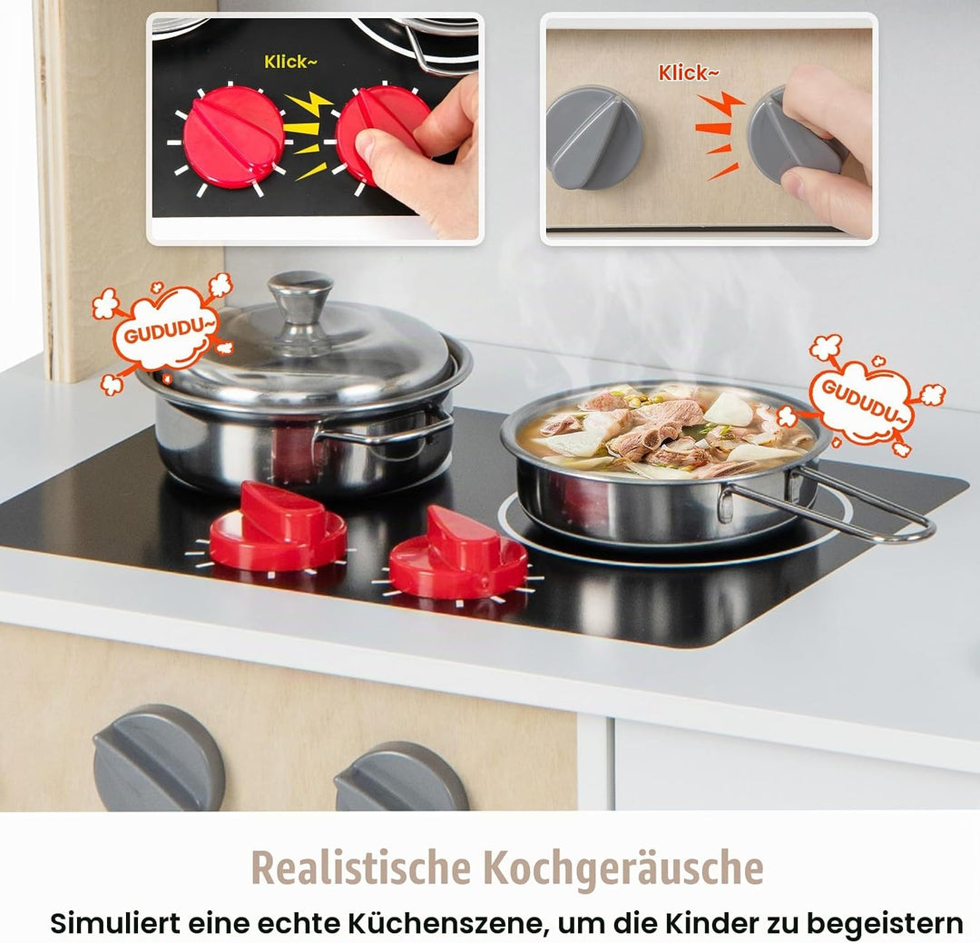 HOMASIS Spielküche mit 18 Zubehör, Kinderküche Holz, Spielzeugküche mit Spüle Herd Backofen Mikrowel