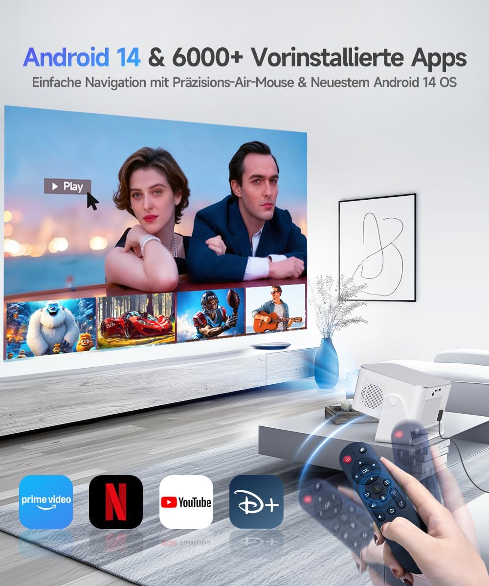 Alwtniet Mini Beamer Projektor 4K 8K Unterstützt, Full HD 1080P Smart Projector mit Android 14, WiFi