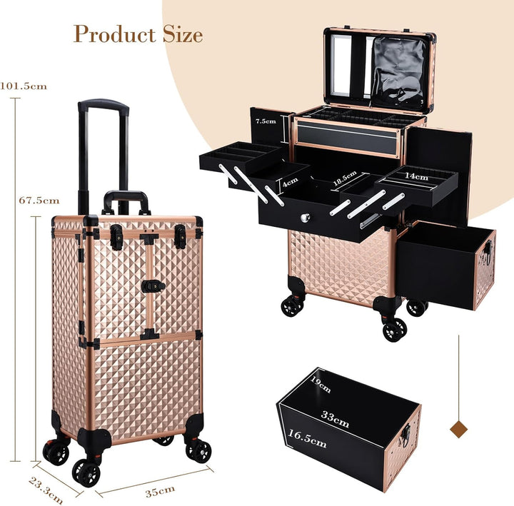 Kosmetik Trolley Friseurkoffer mit Schublade und Spiegel Kosmetikkoffer mit 4 Tabletts Make up Koffe