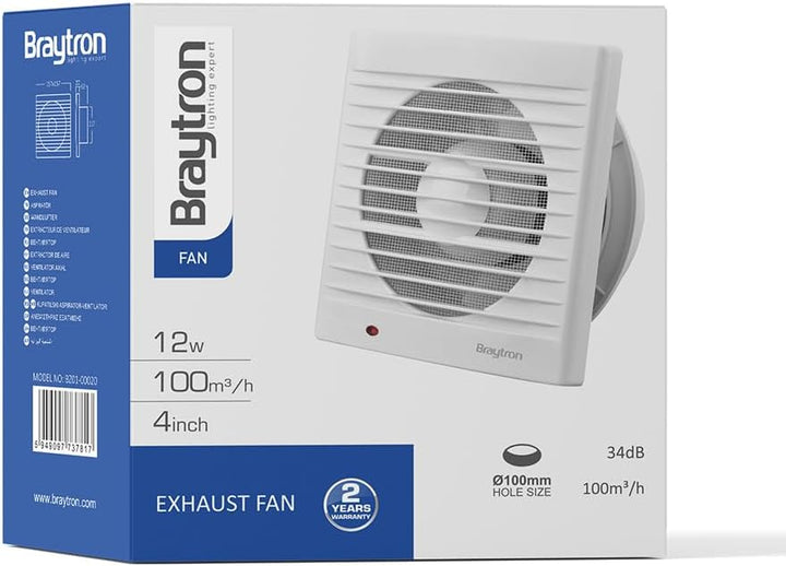 Braytron Badlüfter Wandlüfter WC Küche Ventilator Lüfter Ø100 mm | Leise 34dB | Leistungsstark 100 m