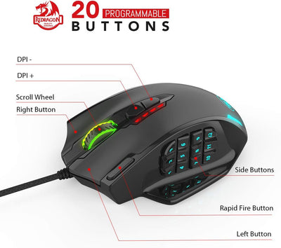 Redragon M908 Impact RGB LED MMO Maus USB Laser Gaming Maus mit 12400dpi, Hohe Präzision, 20 program