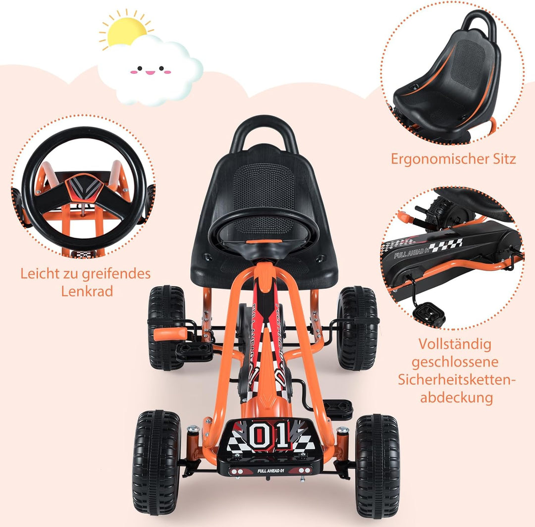 COSTWAY Gokart mit verstellbarem Sitz, Go Kart mit Handbremse, Tretauto bis 30 kg belastbar, Pedal G