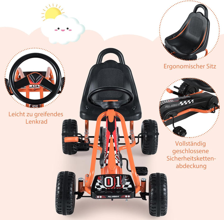 COSTWAY Gokart mit verstellbarem Sitz, Go Kart mit Handbremse, Tretauto bis 30 kg belastbar, Pedal G