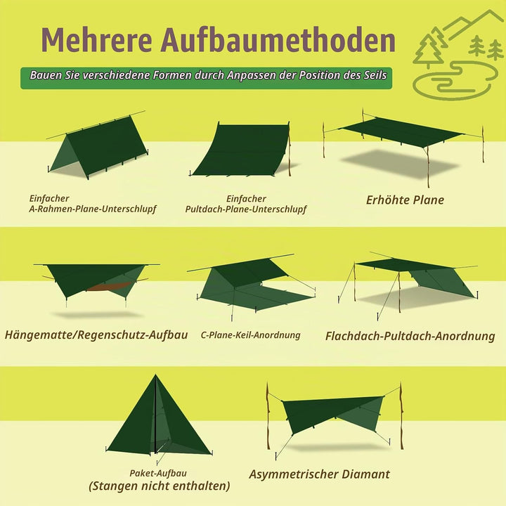 Bessport Zeltplane, Camping Zelt Tarp 3m x 3m/3m x 4m Wasserdicht PU3000 mm Tarp für Hängematte, mit