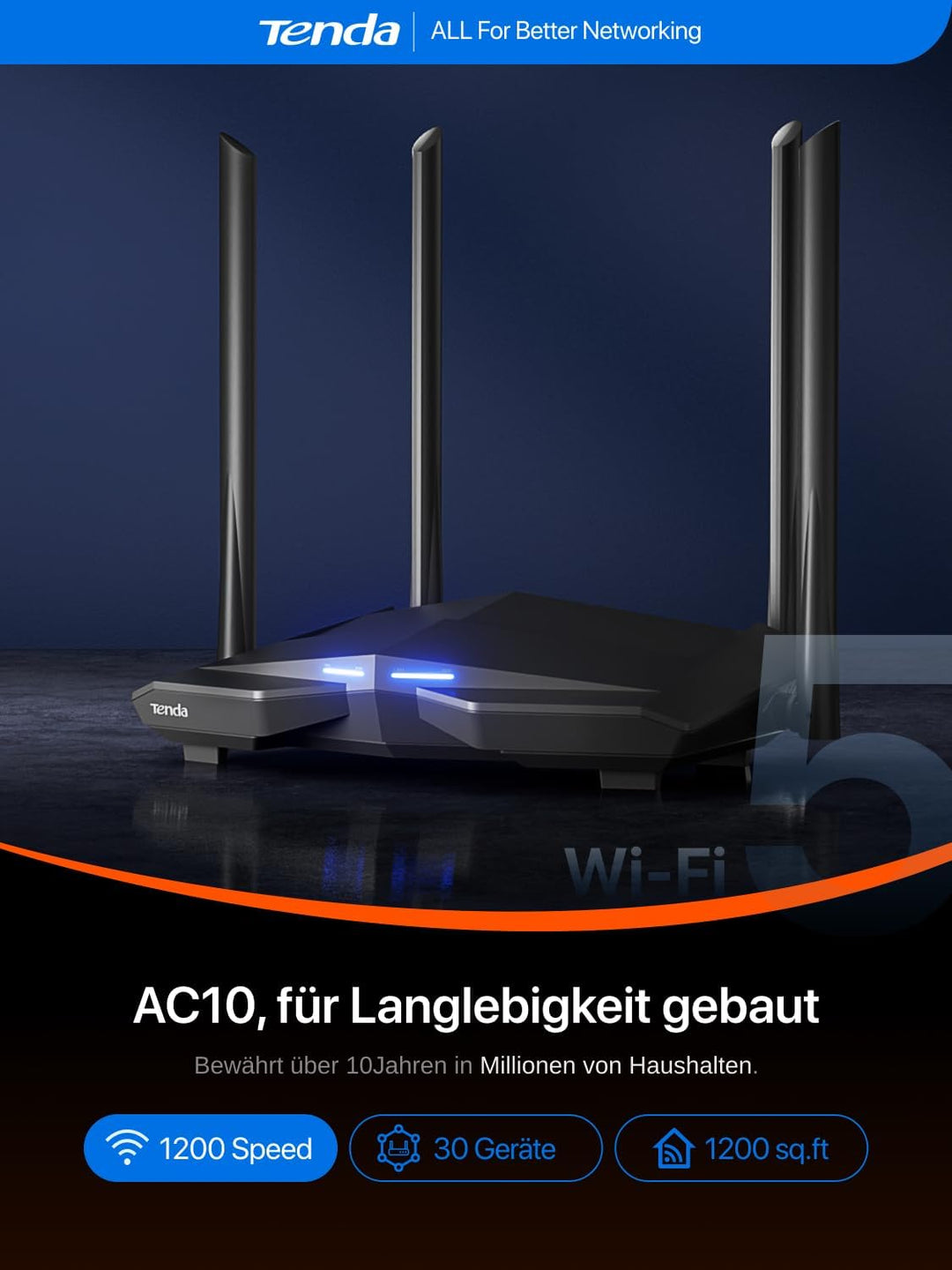 Tenda AC10 Dualband WLAN Router (867 Mbit/s bei 5 GHz + 300 Mbit/s bei 2,4 GHz) 4-Gigabit-LAN/WAN-Po