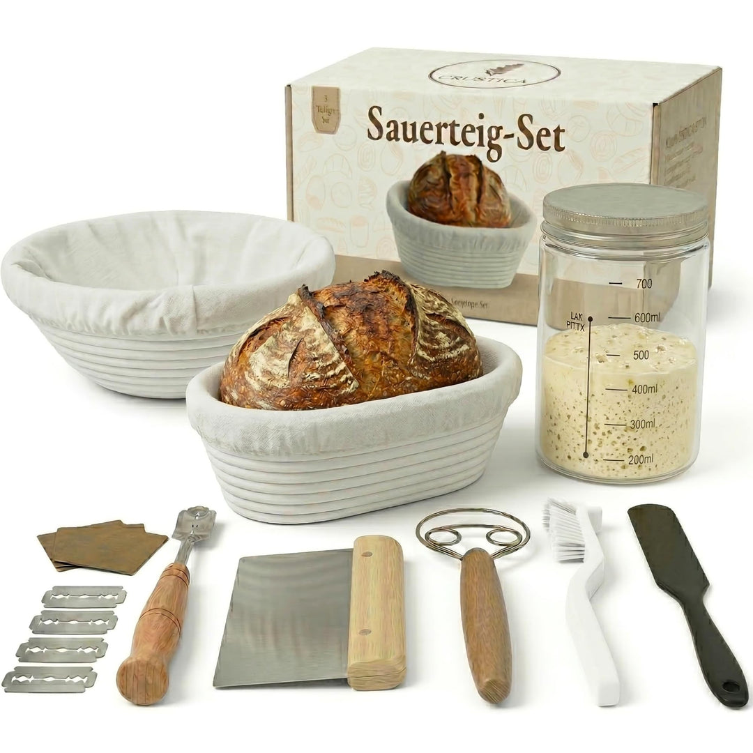 Sauerteig Starter Set 8-Teilig mit Gärkörbchen Rund und Oval, Gärkorb Glasgefäss und Brot Backen Zub