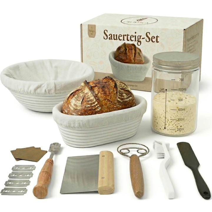 Sauerteig Starter Set 8-Teilig mit Gärkörbchen Rund und Oval, Gärkorb Glasgefäss und Brot Backen Zub