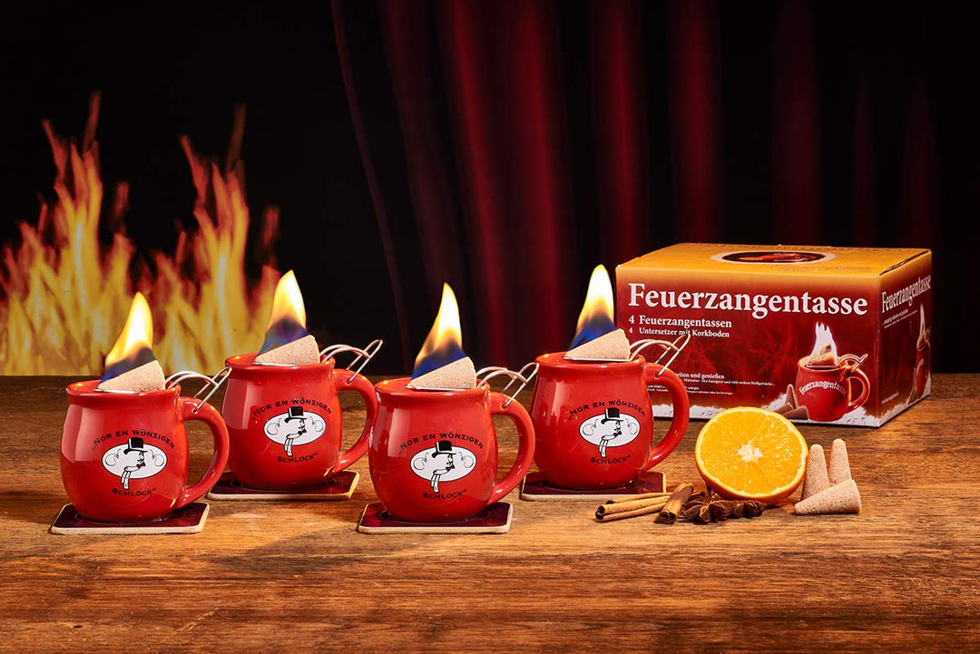 Feuerzangentasse 4er-Set, mit Rum (100ml) + ZimtZuckerHütchen (20er), Rot/Rühmann Schlock - für Feue