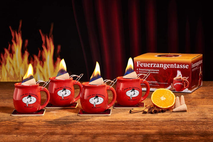 Feuerzangentasse 4er-Set, mit Rum (100ml) + ZimtZuckerHütchen (20er), Rot/Rühmann Schlock - für Feue