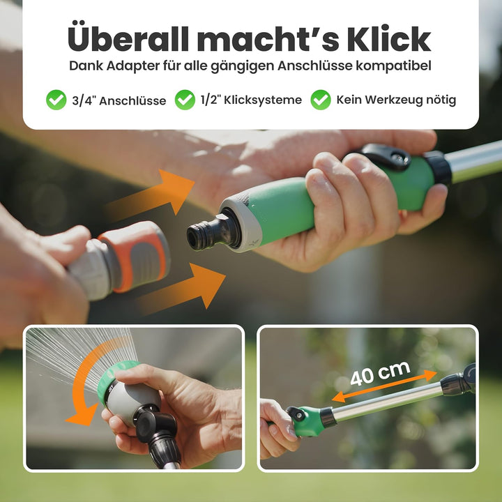rainfactory Giessstab 45cm - Gartenbrause mit Stiel & 8 Sprühbildern - 180° drehbare Giesslanze mit