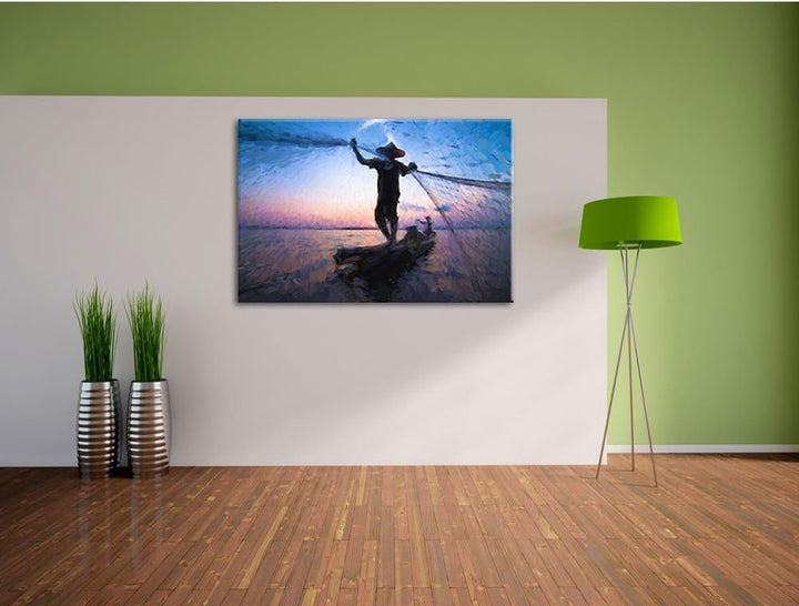 Pixxprint Fischer wirft Sein Netz aus / 100x70cm Leinwandbild bespannt auf Holzrahmen/Wandbild Kunst