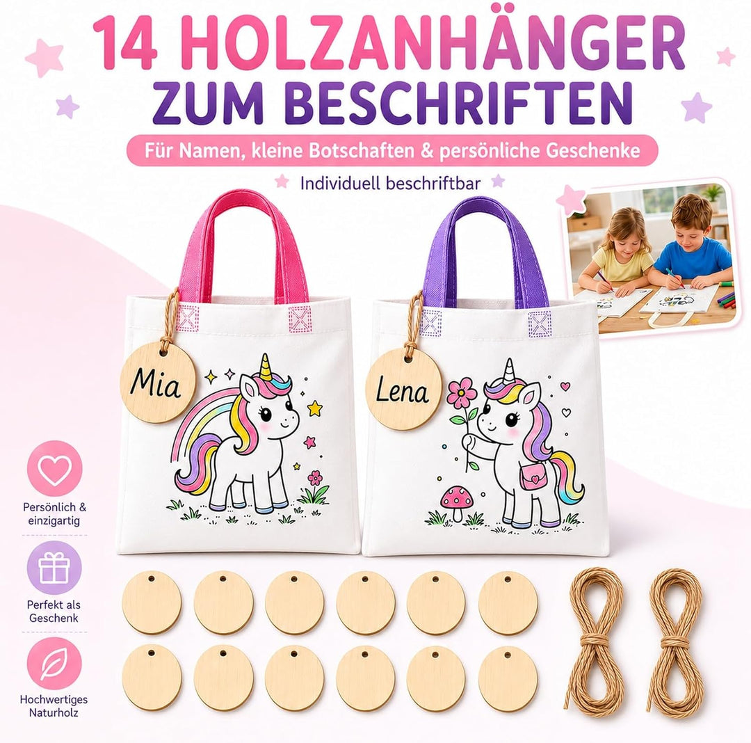 Einhorn Taschen zum Bemalen 34-tlg. Set – 14 Stoffbeutel zum Bemalen für Kinder mit 14 Holzanhängern