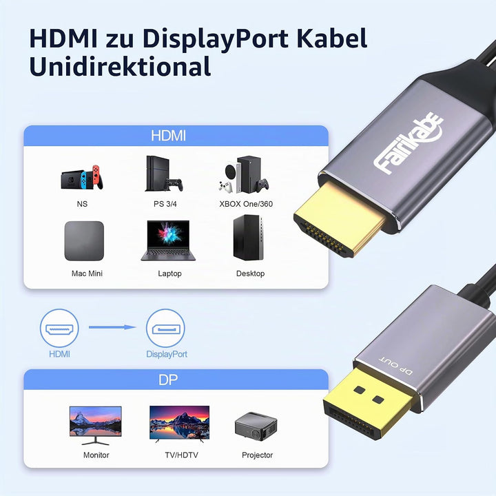 fairikabe Aktives HDMI-zu-Displayport-Kabel 4K@60Hz [6,6 FT/2 M, unidirektional], HDMI-Eingang zu DP