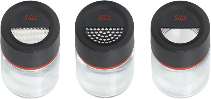 Silit Storio Gewürzstreuer-Set 3-teilig, Feinstreuer Grobstreuer Gewürzglas Glas, Kunststoff, spülma