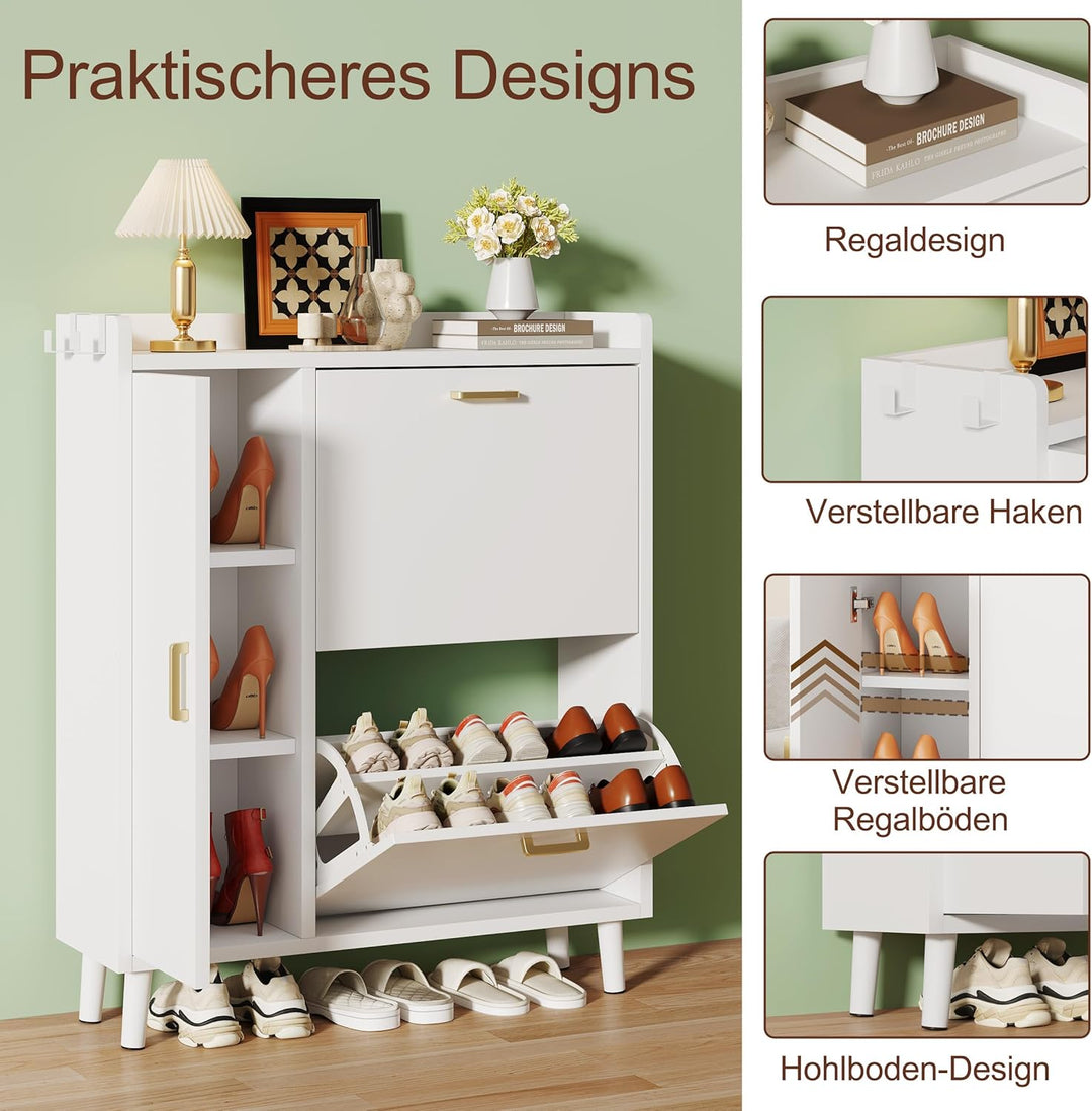 Schuhschrank mit 3 Klappen, Schmaler Schuhaufbewahrung mit Griffen,Freistehendes Schuhregal mit Mass