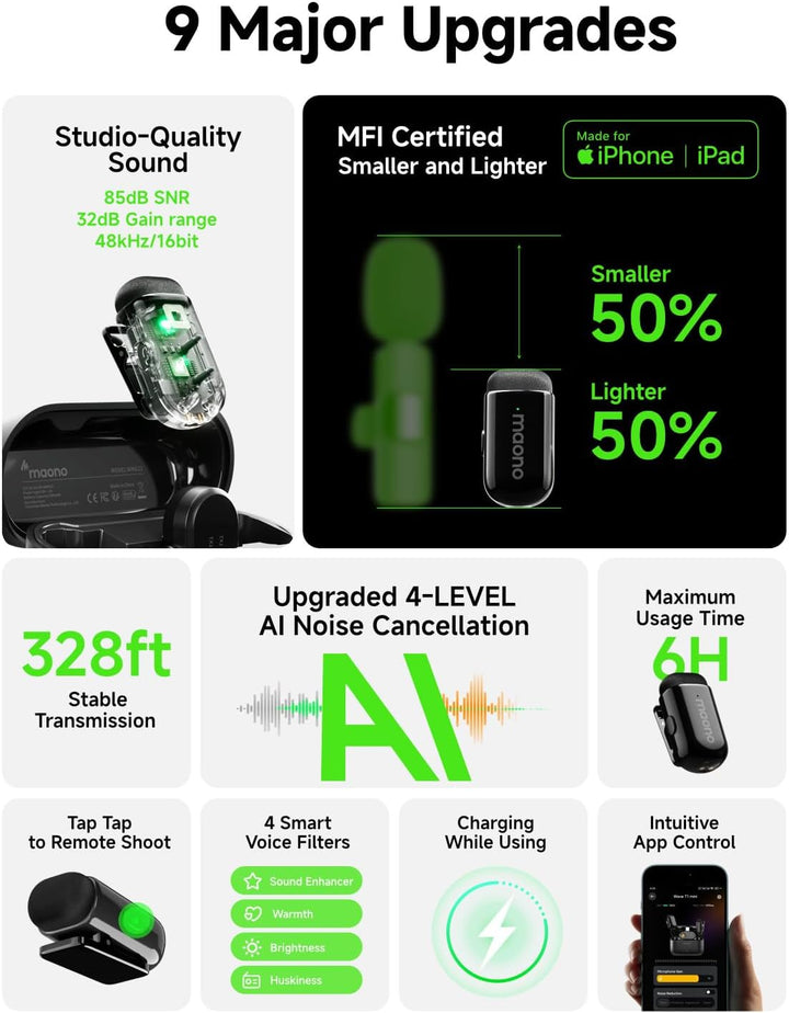 Kabelloses Handy Mikrofon - Wireless-Lavalier-Mikrofon für iPhone 16/15 Android, 48kHz, 4 Stufen Rau