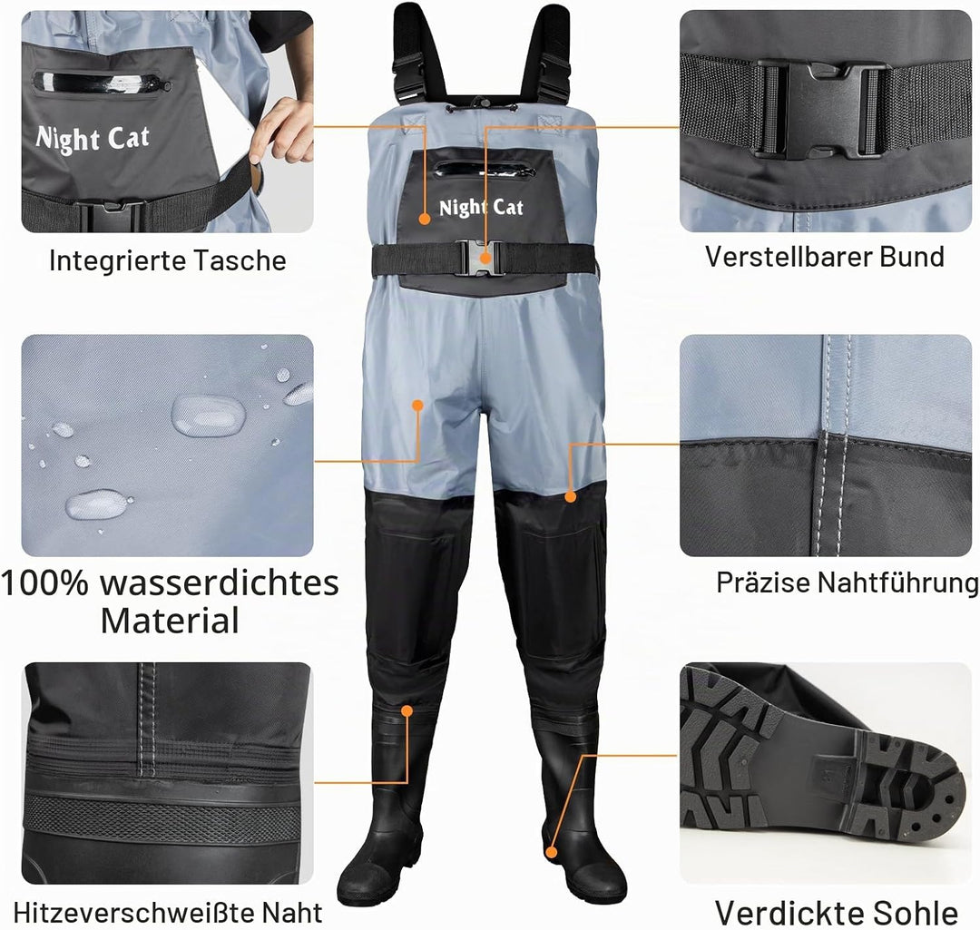 Night Cat Wathose Herren Damen Frauen Wathose mit Stiefeln Wasserdichte Atmungsaktive Crosswater Bla