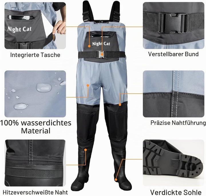 Night Cat Wathose Herren Damen Frauen Wathose mit Stiefeln Wasserdichte Atmungsaktive Crosswater Bla