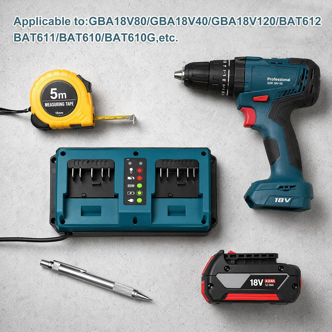 Ladegerät für Bosch-18V-Akku, Dual Port Ladegerät Ersatzladegerät Schnellladegerät mit LED-Anzeige,