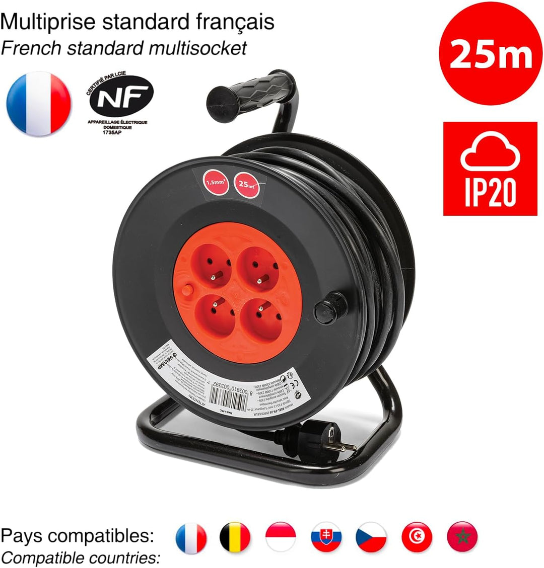 Velamp REEL-FR-25 Verlängerungskabel, elektrisch, 25 m, mit Kabelaufwicklung, 4 Steckdosen, 16 A, Qu