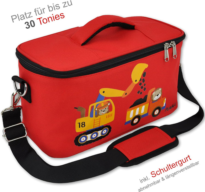 Punalu Tasche für Toniebox, Platz für 30 Tonies, Ladegerät und Kopfhörer Toniebox Tasche (Bagger rot