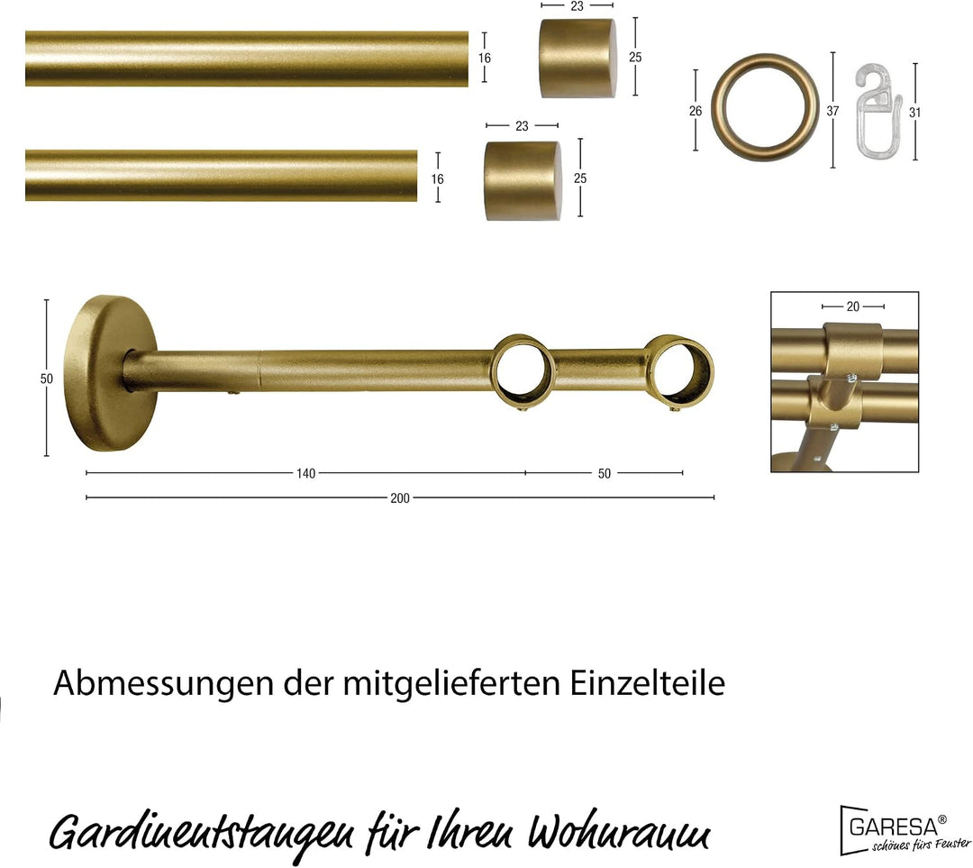 Garesa Gardinenstange Rustika Ø 16mm, 2-läufig, Gold, matt I Rustikale Vorhangstange aus Metall inkl
