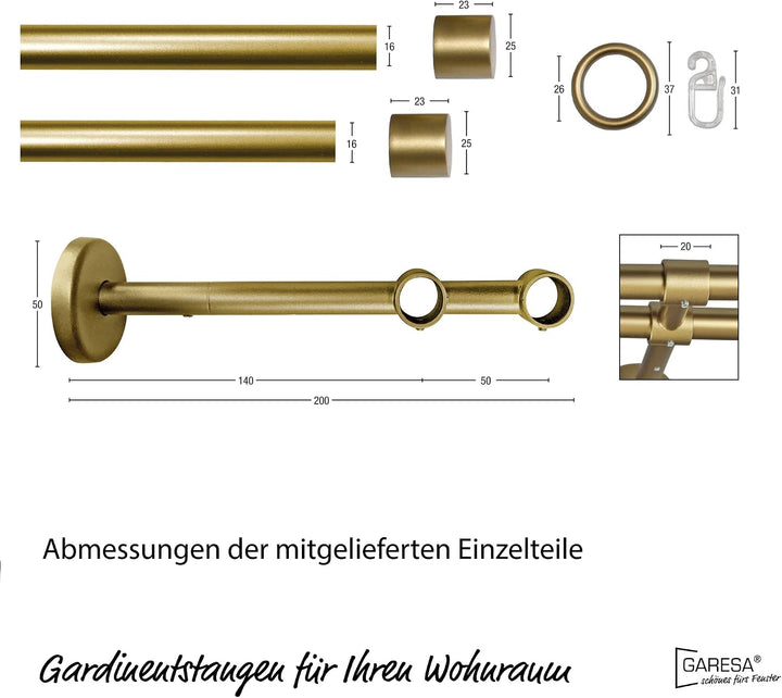Garesa Gardinenstange Rustika Ø 16mm, 2-läufig, Gold, matt I Rustikale Vorhangstange aus Metall inkl