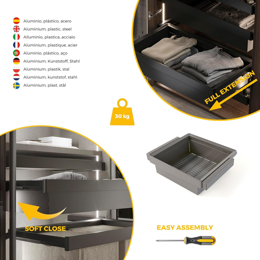 Emuca - Satz aus Metallkasten und ahmen für Schrank Quartz, mit Soft-Close- und Vollauszugsschienen,