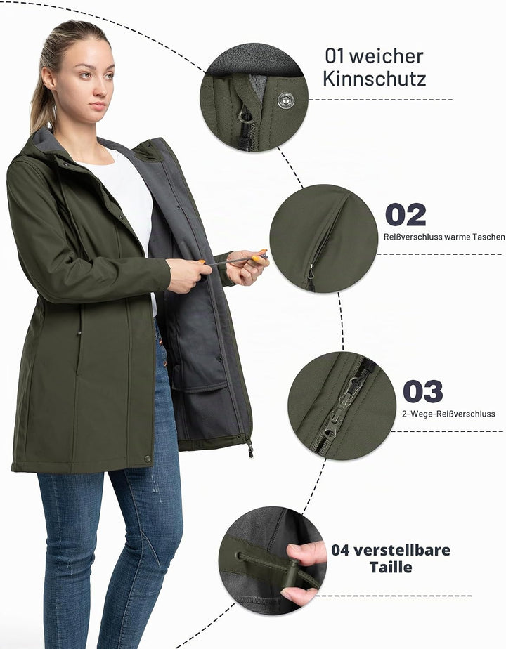 33,000ft Damen Leichte Wasserdichte Softshell Regenjacke Lange Funktionsjacke Übergangsjacke Windjac