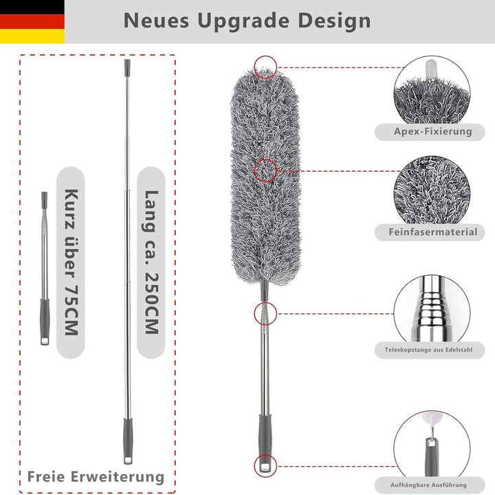 Staubwedel Teleskop Waschbar 6er Set Mikrofaser Köpfe– Staubwedel Lang Ausziehbar Bis 2.5M – Staubwi
