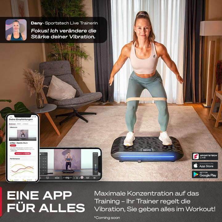 Sportstech 4D Vibrationsplatte für Zuhause, VP400 und sVibe, Smart LED, Trainingsbänder und Ropes, A