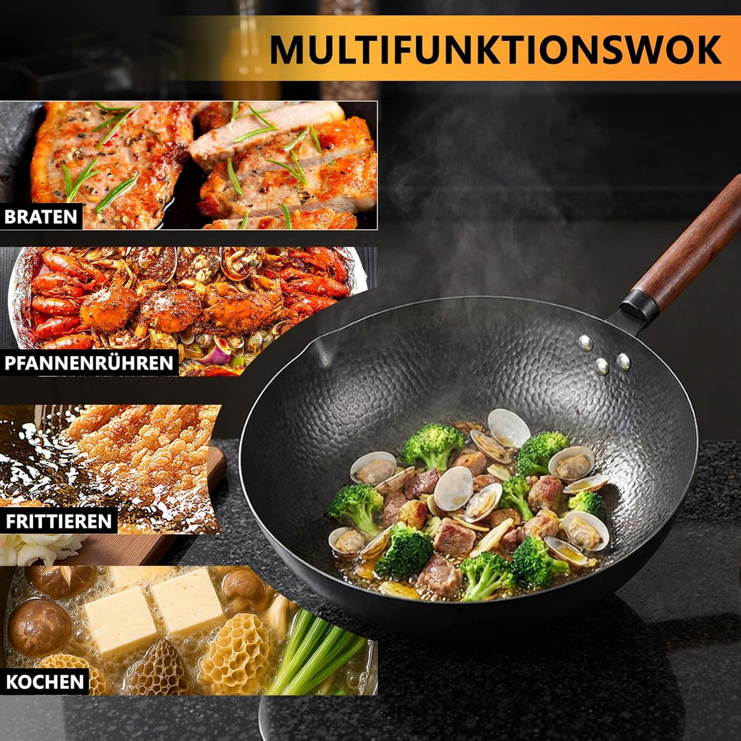 Wok mit Deckel 32cm Gusseisen Wokpfannen: Wok für Alle Herdarten Geschmiedet Eisenpfanne Keine Chemi