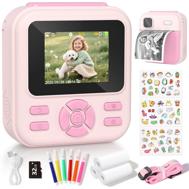 YOHOOLYO Sofortbildkamera Kinder 2,4 Zoll 1080P HD Kinderkamera mit 3 Rollen Druckpapier 32GB Karte