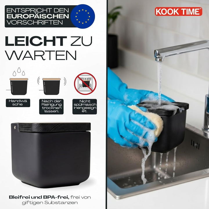 Salzdose Keramik mit Klappdeckel aus umweltfreundlichem Bambus - Praktischer Salztopf und Salzbehält