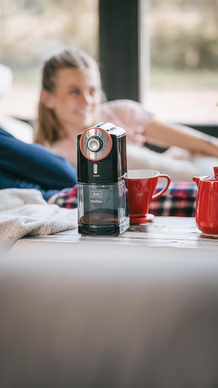 Melitta Molino Kaffeemühle, 1019-01, Elektrische Kaffeemühle, flache Mahlscheibe, Schwarz/Rot, CD -