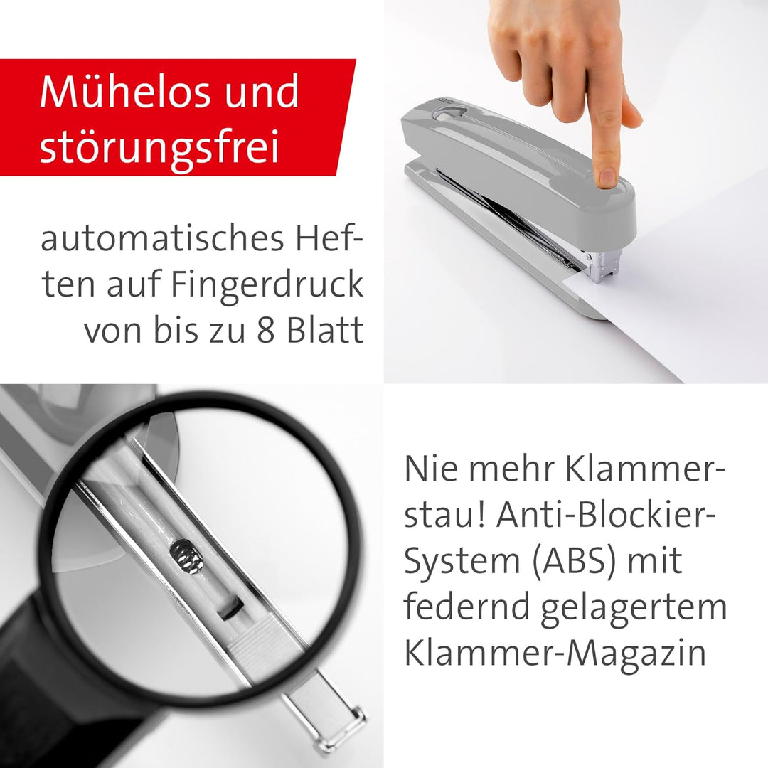 Novus B 7A Komfort Heftgerät (30 Blatt Heftleistung, Automatik-Funktion, inkl. 200 Klammern) grau gl