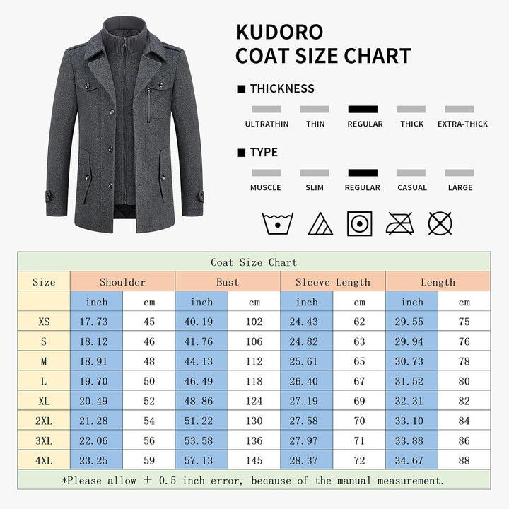 KUDORO Herren Wintermantel Wolle Kurzmantel Herren Wollmantel Mittellang Slim Fit für Business Freiz