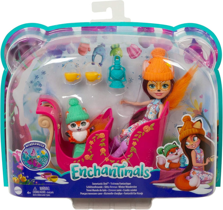 Enchantimals GJX31 - Schlittenfreunde Set mit Felicity Fox Puppe (15,24 cm), Tierfigur Flick, Schlit