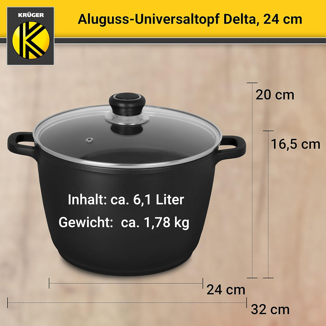 Krüger Aluguss-Universaltopf Delta mit Glasdeckel - 24 cm - Kochtopf für gesunde & fettarme Speisen